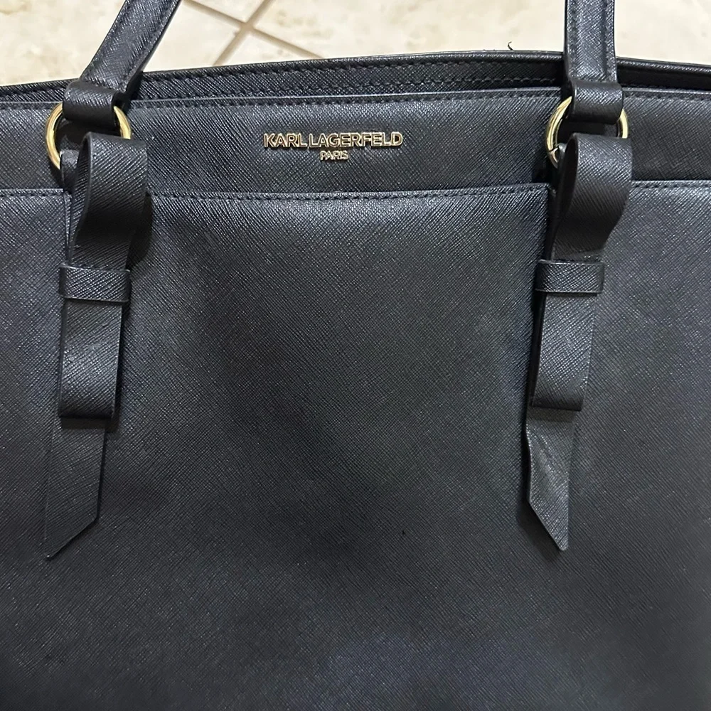 Karl Lagerfeld Paris Black Leather Tote Bag Saffiano Gold Hardware Large Handbag